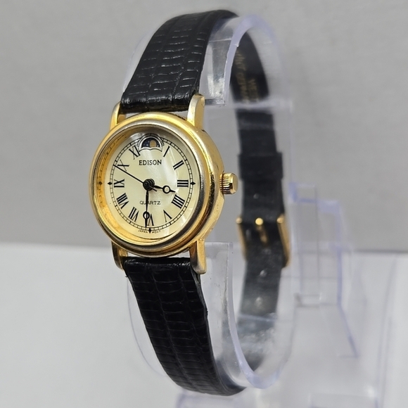 Womens Vintage Edison Moon Phase MOP 24mm Quartz Watch Gold Black New Battery main image 11